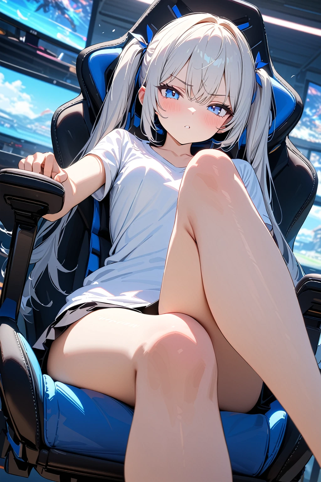 (masterpiece, best quality:1.5), (ultra detailed, high resolution, 8k, beautiful detailed, UHD, best anatomy), white pigtails hair, small breasts, 1 girl, short skirt, thin oversize shirt, crossed legs, from below, panties, sitting in a gaming chair, pouty look