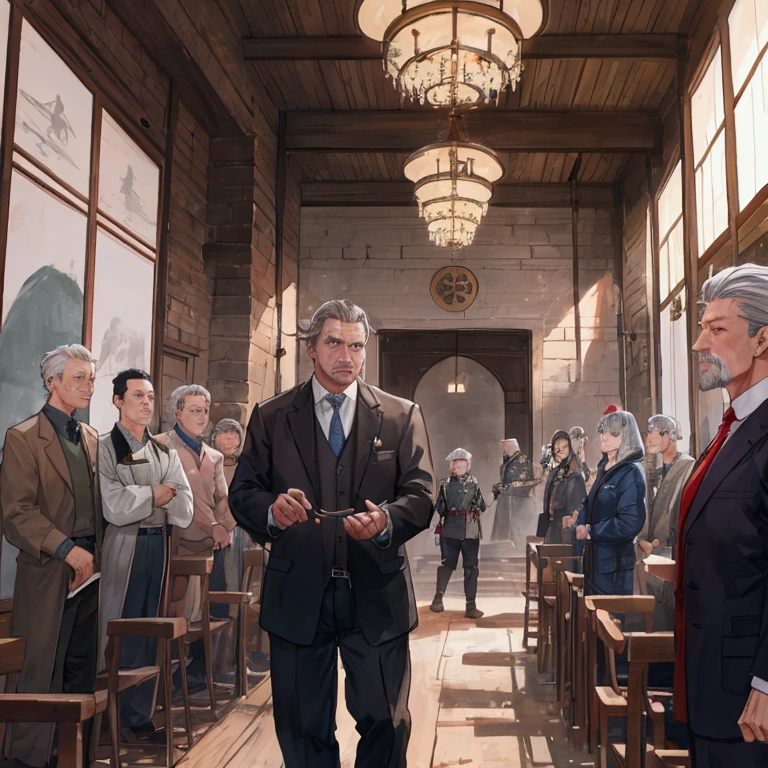 Former Adventurer、Middle-aged men、Gray Hair、Reconstruction of the town、Giving orders in the town hall