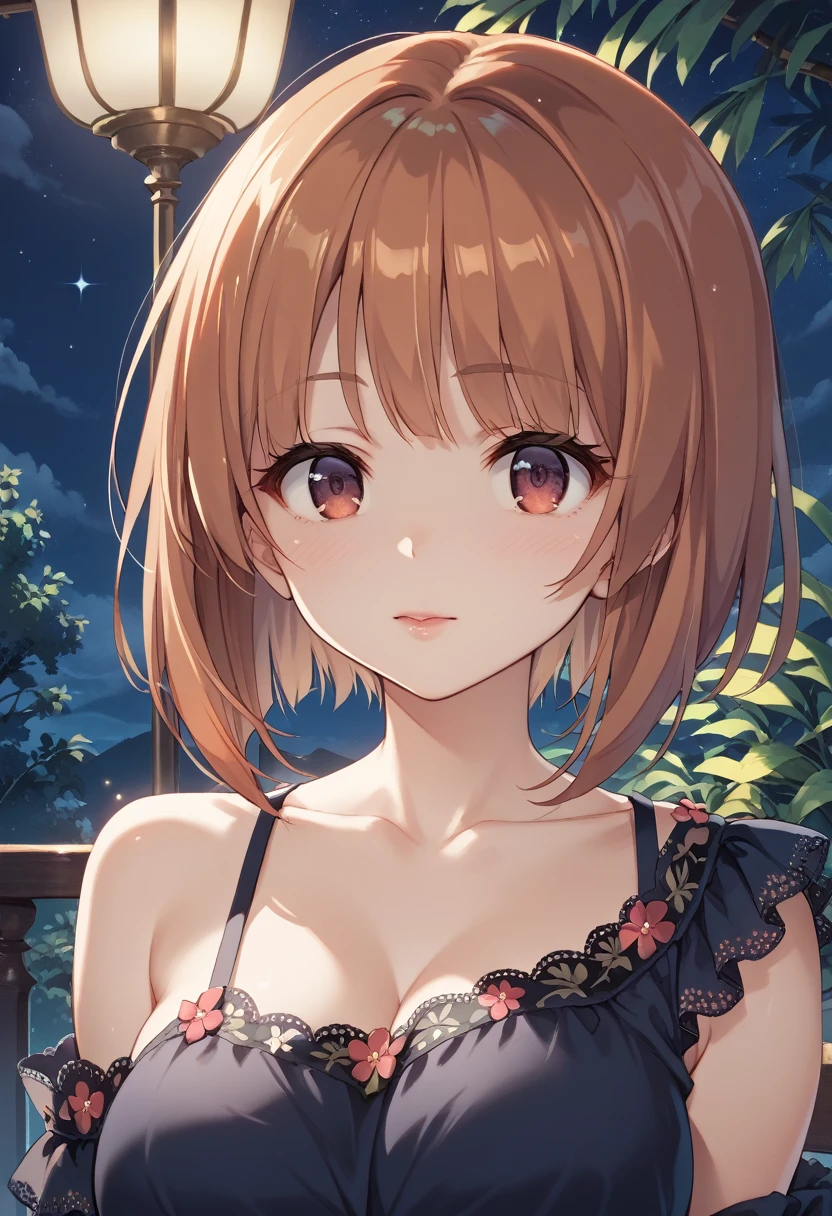 masterpiece,best quality,nsfw, Girls＆tank、Miho Nishizumi、17 years old、Short Hair,Droopy eyes、brownEye、An open terrace with a beautiful night view、Date