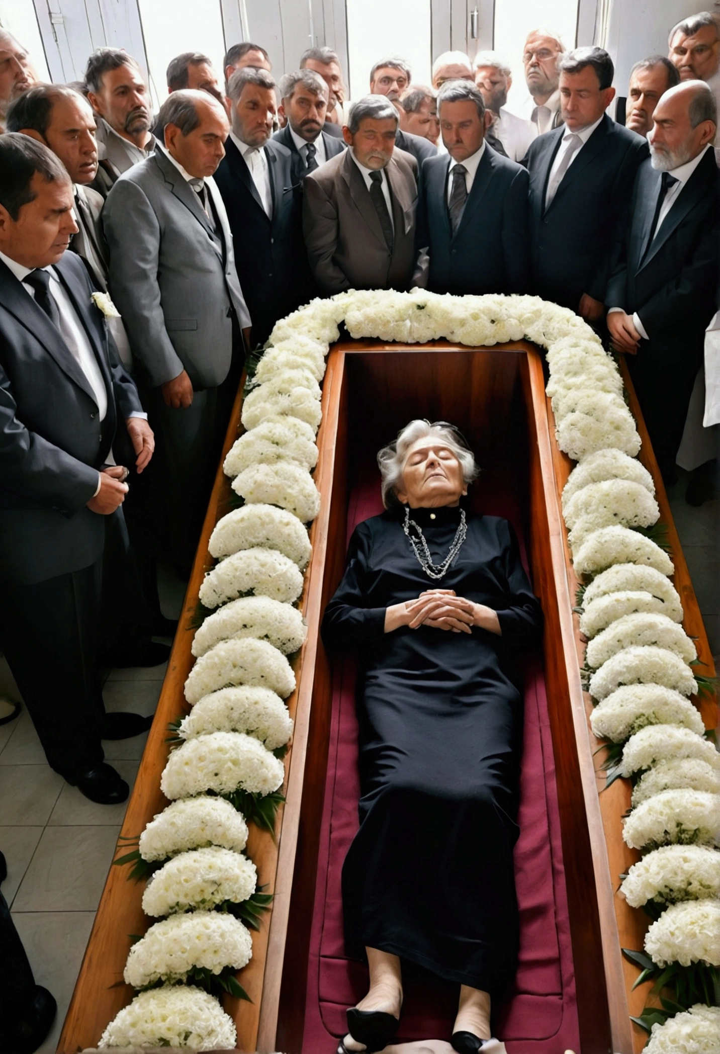 Old woman lay on a coffin in a morgue in a conflict zone, surrounded by many white flowers.、cross、large crowd of mourners、(((A quick take-up of the idea)))