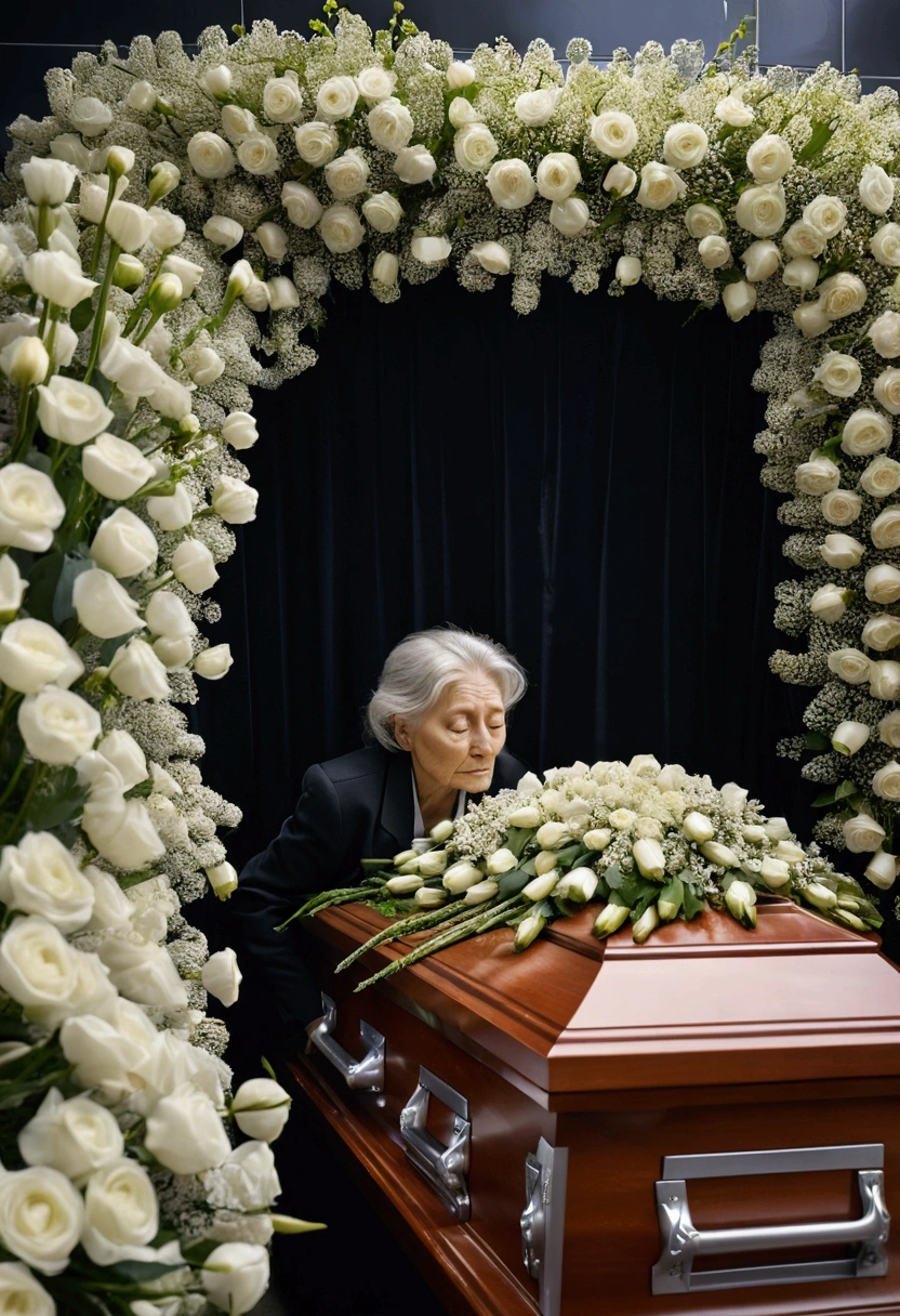 Old woman lay on a coffin in a morgue in a conflict zone, surrounded by many white flowers.、cross、large crowd of mourners、(((A quick take-up of the idea)))