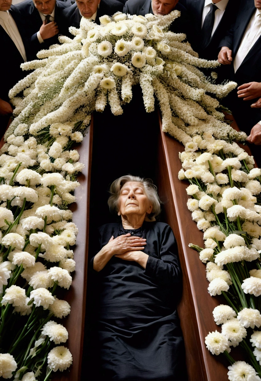 Old woman lay on a coffin in a morgue in a conflict zone, surrounded by many white flowers.、cross、large crowd of mourners、(((A quick take-up of the idea)))