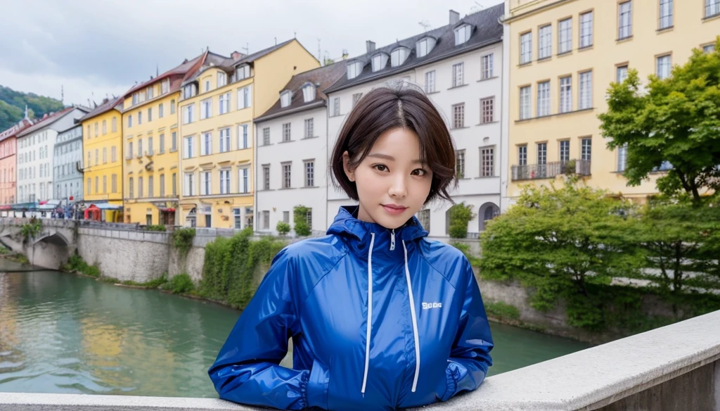 high quality, 1 woman, ((36-year-old healthy Korean woman)), ((36 years old)), 1 woman, eyes are big and beautiful. ((slim)), ((short medium hair)), Smile. pose: standing, windbreaker jacket, background:Your residence is a baroque townhouse with a plaster façade and wrought iron railings.., autumn, Maple, Overlooking the Salzach River and Hohensalzburg Fortress, looking slightly up, 1 woman, Full body shot with Canon 16-34 wide angle lens, river view, looking up the side