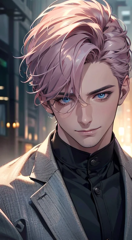 (best quality,4k,8k,highres,masterpiece:1.2),ultra-detailed,(realistic,photorealistic,photo-realistic:1.37),cinematic lighting,1:4 hdr image,a mature man, 29 years old,very handsome,cold expression smile in love, short grey pink hair,blue eyes,flawless face,buttoning his jacket,CEO