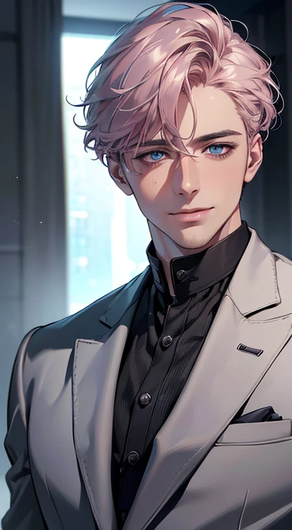 (best quality,4k,8k,highres,masterpiece:1.2),ultra-detailed,(realistic,photorealistic,photo-realistic:1.37),cinematic lighting,1:4 hdr image,a man, 29 years old,very handsome,cold expression smile in love, short grey pink hair,blue eyes,flawless face,buttonhis jacket,CEO