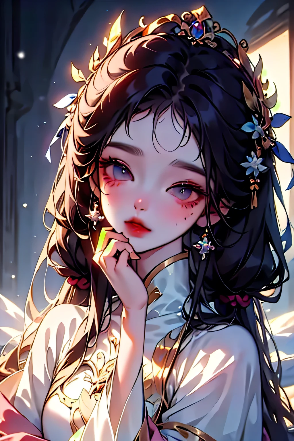 (high quality) (best quality) (a woman) (correct physiognomy) (perfect students) (perfect eyes) anime woman, deep white long and fluffy hair white, Two Ferret ears of color white coming out of his white head adorned with small golden stars As if they were the color of your ears, lips sensitive, red eyes feminine appearance, soft facial features, thin eyebrows, soft skin, rosy cheeks, pink lips, silky eyelashes, dreamy expression, middle age, youthful clothing, print sweatshirt, photo illuminated by sunlight, Woman sitting on Snow.