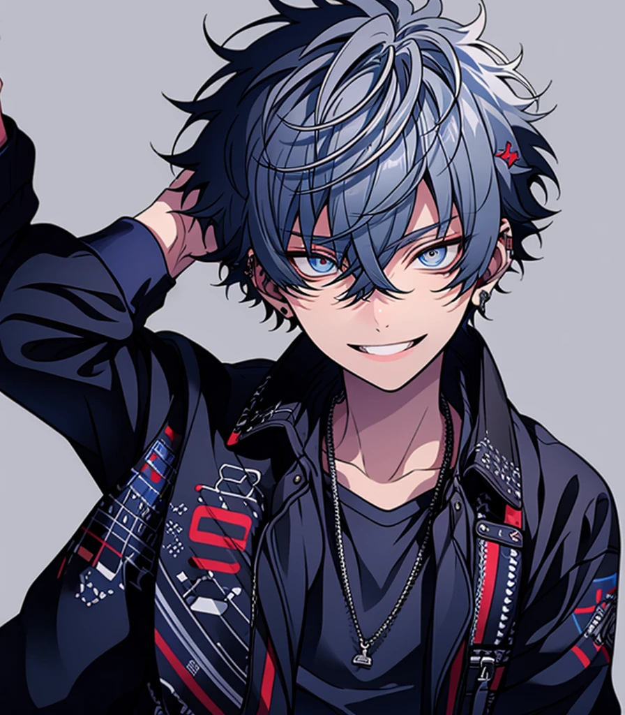 ((Highest quality)), ((masterpiece)), ((detailed)), Beautiful youth, Blue Hair, short hair, blue eyes, Cool eyes, Long-term , Biceps,Black clothes,smile,Upper Body,No text