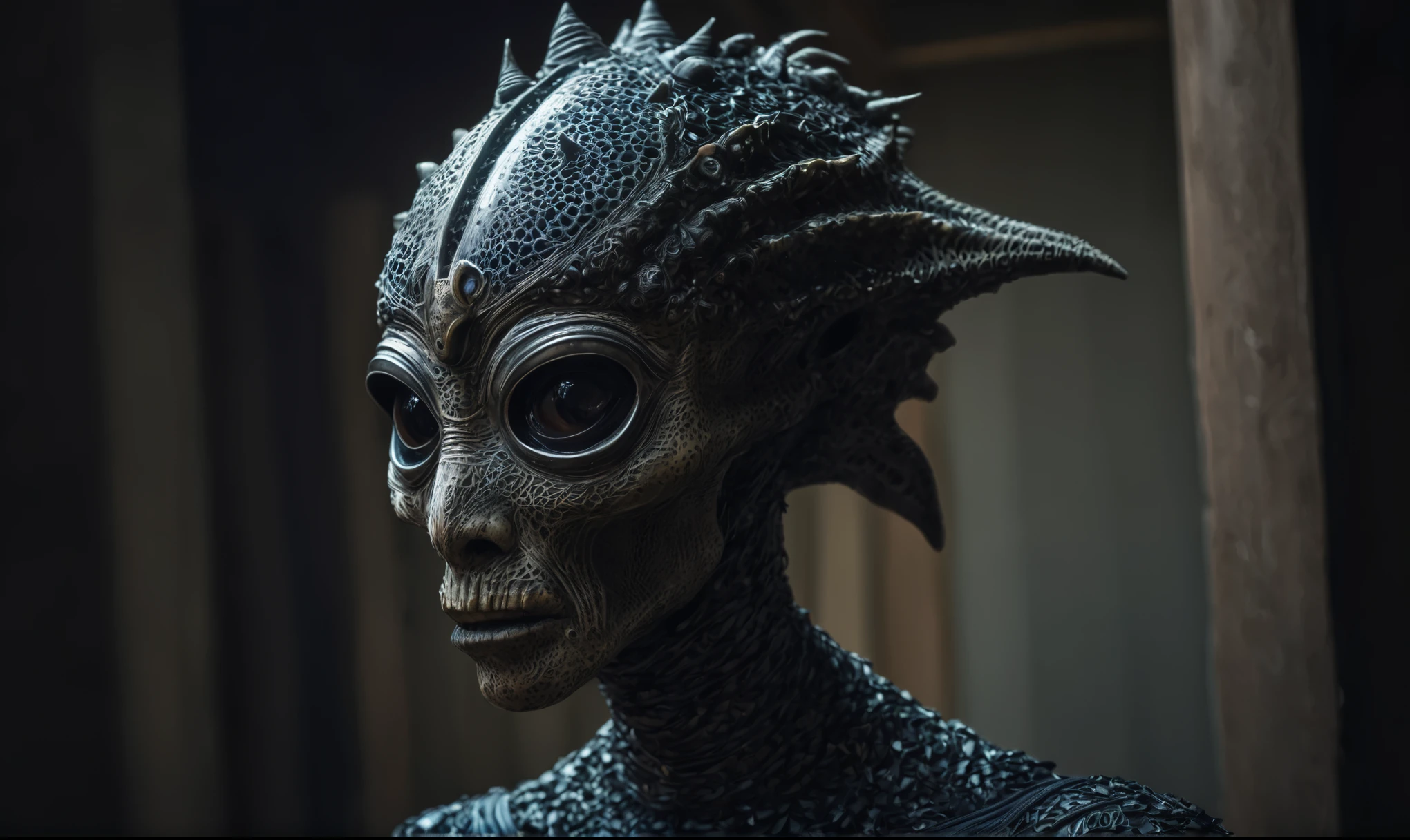 full body length shot ,nerd graphite  Alien Entity,native africa slave ,azctec psychiatric clinic,Cinematic,soft colors, Technicolor,natural skin textures, hyper realism, hyper detailed,Extremely detailed,High contrast,Masterpiece,Realistic,Ultra Detailed, intricate details,realistic humid leather,extremely intricate details,Epic Realistic, cinematic style, irina yermolova,high contrast,hdr,extremely detailed, [deep night landscape],masterpiece, intricate details, eyes extremely detailed, high detailed eyes,8k resolution,retina, Nikon Z9,orc,Egyptian folk, Pisces, transition between two art styles,full body length, Double contact, X-ray, Creative, vivid light, fantasy, Abstract, Surrealism, super detailed, high resolution,insanity national folk wear,skin  almost translucent, gothic elements, further emphasizing its dark air,Mestichino,Light particles,chaos,starfish's leather,Cambodia,"(The best lighting, dark, dramatic),(alien Mulan's half-skull fetus, Hellraiser, Scars, stupid, a shapeshifter, reptillian, scaleborn, terror.),(ominous and strange eyes, calaveras). morning light, indoor psychiatric clinic

