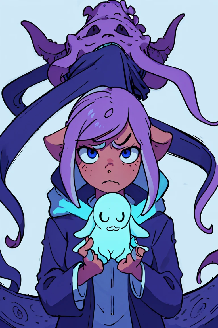 a white octopus with a blue and purple background, ctHulHu squid, alien squid, leviathan cthulhu squid, squid attack, very angry squid, Cthulu, portrait of a squid wizard, Tentacles in the universe, vivid tentacles, mix of creatures with tentacles, cyborg octopus, Foto de Cthulhu, cute cthulhu, estilo HP Lovecraft, Squid-like aliens, Cthulu portrait,busty, White background(big scenery)