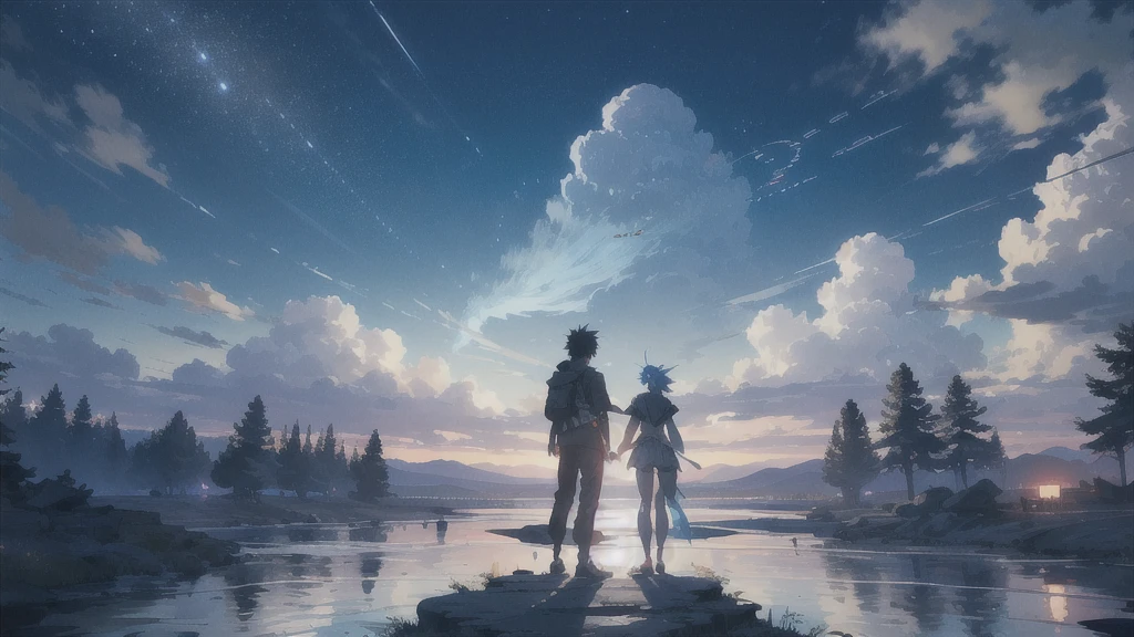 真っ暗なnight空,Octane, star (null), scenery, Blue parakeet,The acoustic guitar is in front of the body.,star, night, A girl and a boy standing back to back, Back view, alone, Outdoor, city,river,Blue parakeet,building, cloud, 天のriver,silhouette