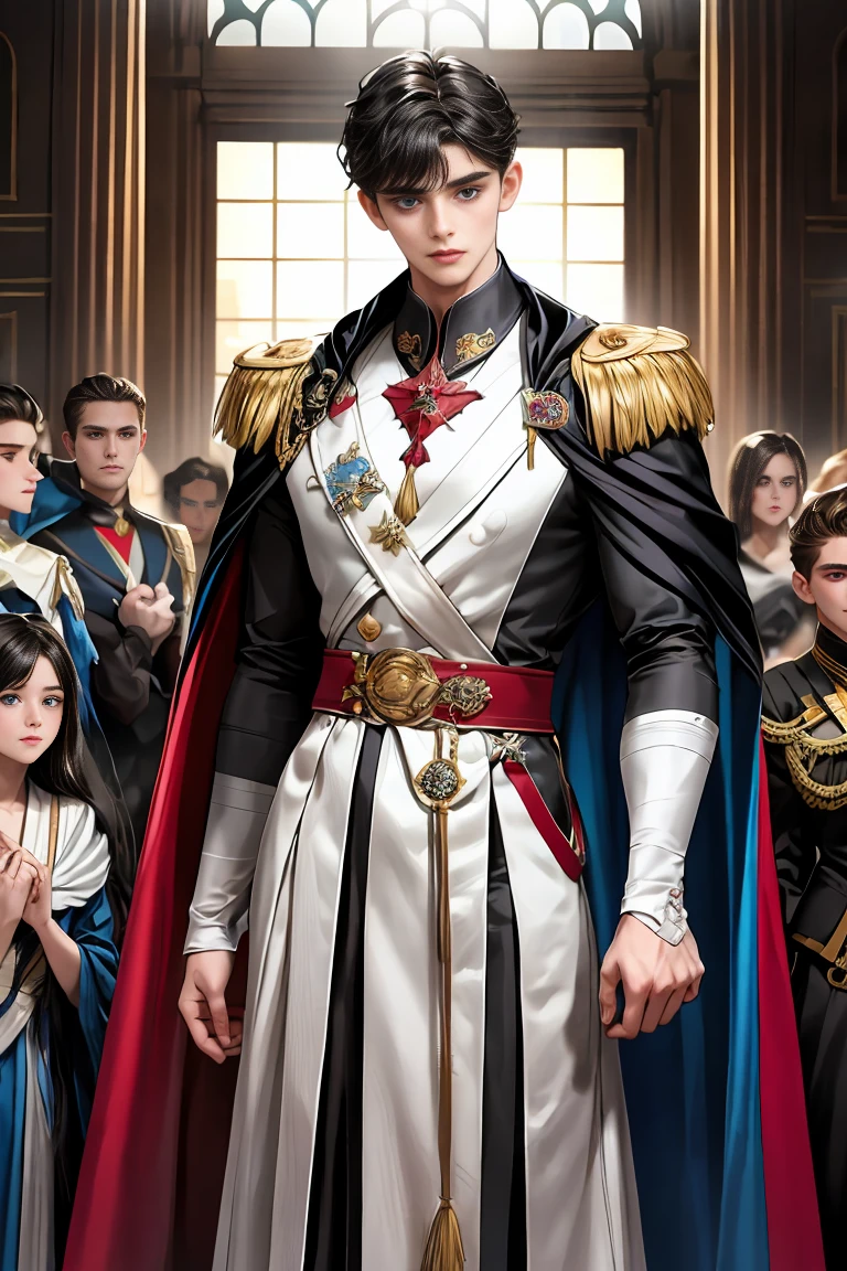 masterpiece, 最high quality, high quality, 1 boy, alone, Male focus, Watching the audience, Messy black hair, Adorable big blue eyes, White people, Noble, Noble,Sexy voluminous cape、vampire、A very voluminous, large, very large, very large, long, long red and black cape with a high stand-up collar, made of a lot of fabric that reaches down to the floor., 17 years old,Cute beautiful boys,Cute, cute, kind, handsome guy