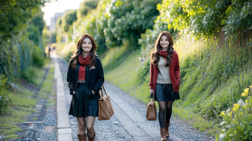 Shadows in the Night a young woman walking along a railway track. She has long, flowing brown hair with a red hair clip, and is smiling with a cheerful expression. Her skin is fair, and she is dressed in a blue hoodie, a beige scarf, a brown pleated skirt, black tights, and brown ankle boots. She carries a large brown tote bag in her right hand and wears a pair of headphones over her ears, listening to music or a podcast. The background includes a clear blue sky with scattered clouds, utility poles, and green foliage, with wildflowers growing along the side of the track. The overall scene is bright and vibrant, capturing a sense of a pleasant day outdoors.