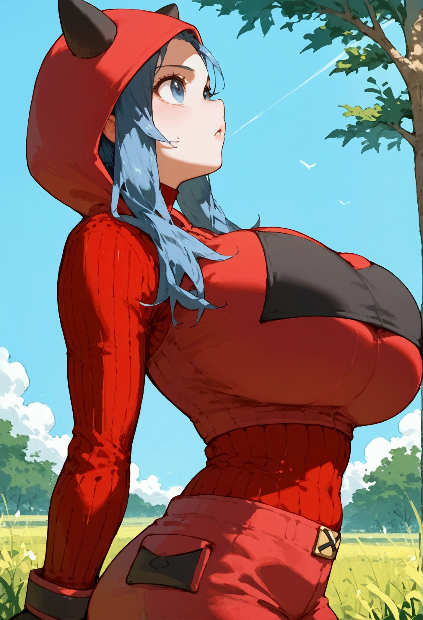 score_9, score_8_up, score_7_up, score_9, BREAK, GwenstacySDXL, 1girl,big breasts, solo, score_9, score_8_up, score_7_up, score_6_up, source_anime BREAK 1girl, pkmntmg, hood, blue hair, fake horns, red hoodie, turtleneck, ribbed sweater, red shorts, gloves, (big breasts:0.8), field, blue sky, trees, looking up, from side, arms at sides