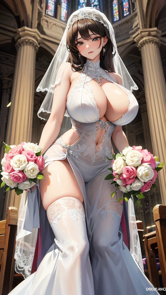 Girl with huge breasts in a bra wearing a sexy wedding dress with a veil and a bouquet in the church