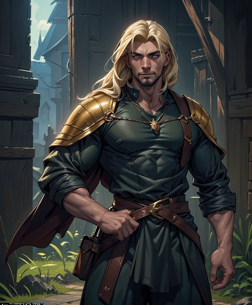 (((Single character image.))) (((1boy))) (((Dressed in medieval fantasy attire.))) (((Generate a darkly handsome male character for a fantasy setting.))) (((Appears to be 20 years old with youthful looks.))) (((Looks like the ideal vision of a sexy, handsome rugged male.))) Design a handsome, attractive male adventurer for a fantasy setting. He has strong features and shoulder length blond hair. (((The background to the image is dark and eerie..))) (((Looks like male fitness model Anton Antipov.))) best quality:1.0,hyperealistic:1.0,photorealistic:1.0,madly detailed CG unity 8k wallpaper:1.0,masterpiece:1.3,madly detailed photo:1.2, hyper-realistic lifelike texture:1.4, picture-perfect:1.0,8k, HQ,best quality:1.0,