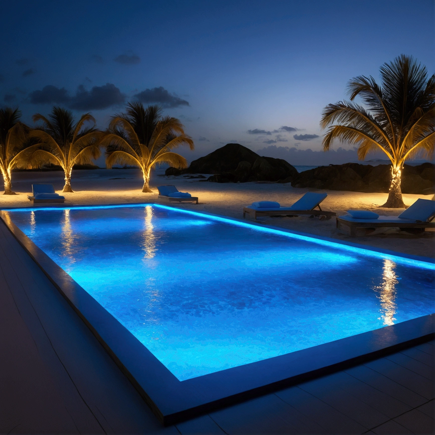 Deserted beach with blue lights, In the style of dynamic energy flow, Realistic Anamorphic Art, I can't believe how beautiful it is, Pool Core, Precise lines, Sparkling, Afro-Caribbean Influences - AR 9:16