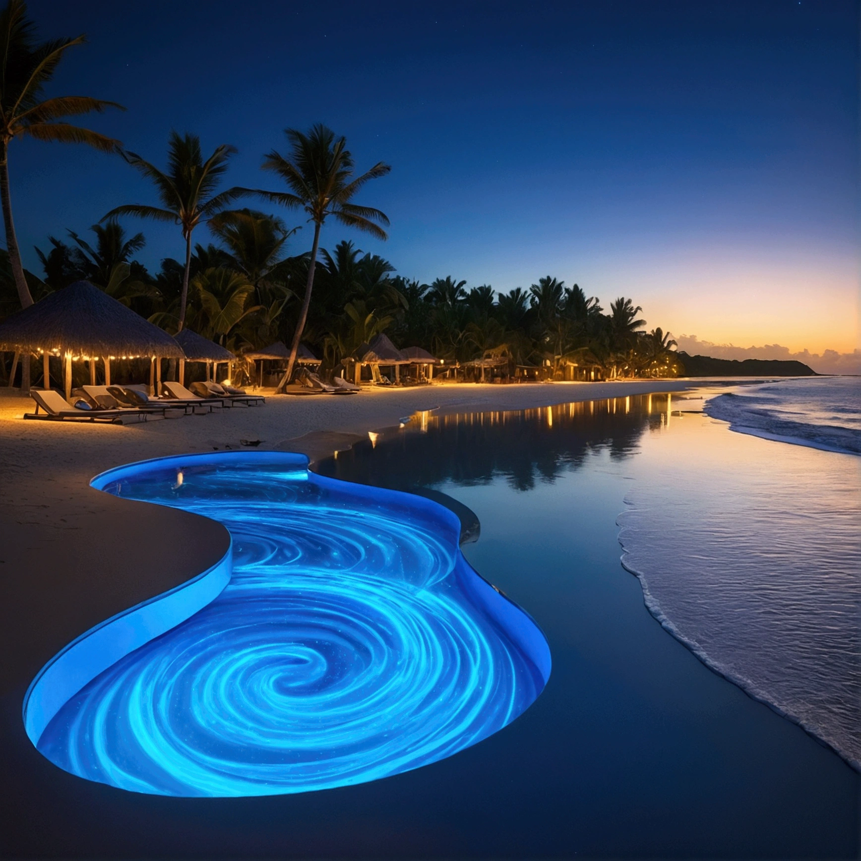 Deserted beach with blue lights, In the style of dynamic energy flow, Realistic Anamorphic Art, I can't believe how beautiful it is, Pool Core, Precise lines, Sparkling, Afro-Caribbean Influences - AR 9:16