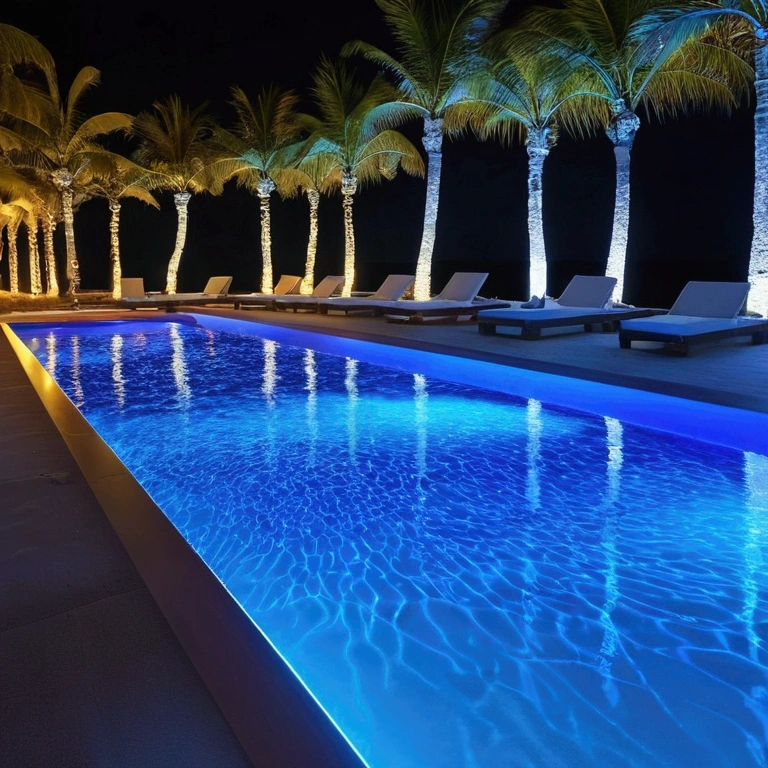 Deserted beach with blue lights, In the style of dynamic energy flow, Realistic Anamorphic Art, I can't believe how beautiful it is, Pool Core, Precise lines, Sparkling, Afro-Caribbean Influences - AR 9:16