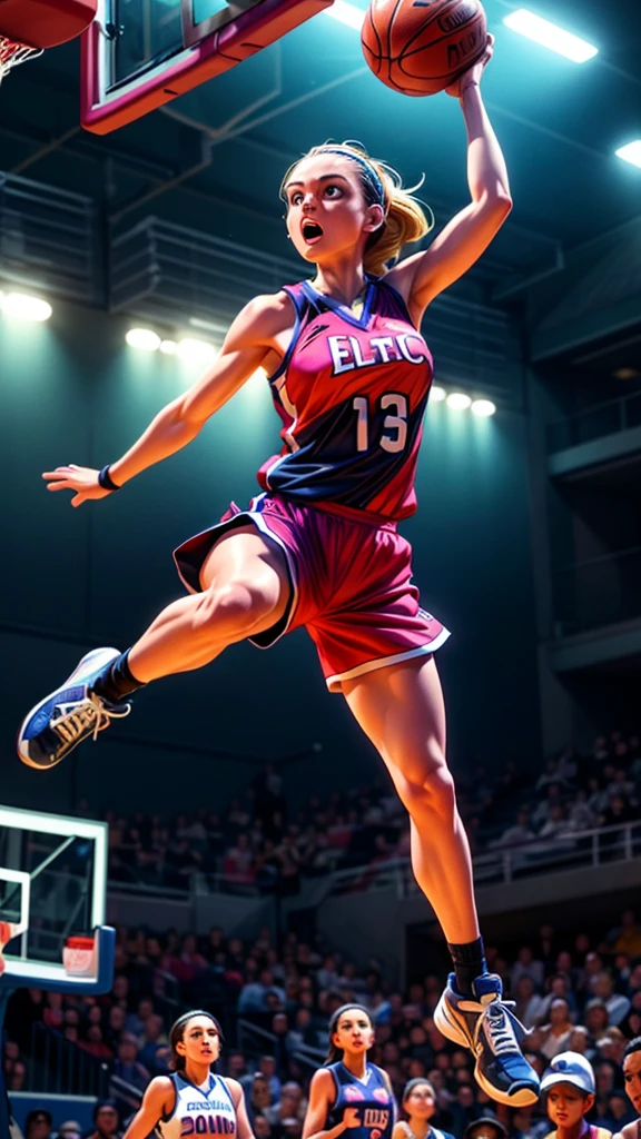 detailed muscular female basketball player, mid-air basketball dunk, powerful jump, intense expression, dynamic action pose, court floor, crowd cheering, dramatic lighting, cinematic angle, hyper-realistic, 8k, photorealistic, masterpiece, epic sports art, vibrant colors, dramatic shadows