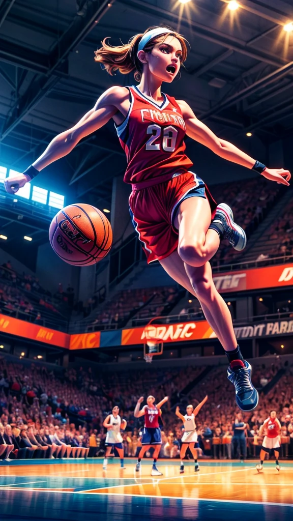 detailed muscular female basketball player, mid-air basketball dunk, powerful jump, intense expression, dynamic action pose, court floor, crowd cheering, dramatic lighting, cinematic angle, hyper-realistic, 8k, photorealistic, masterpiece, epic sports art, vibrant colors, dramatic shadows