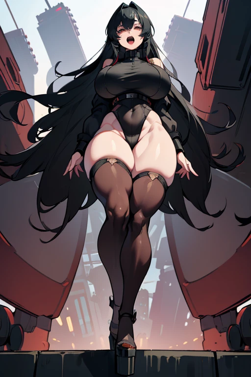 military cyberpunk, battle, tight stockings, exited, smile, scream, Open mouth, young girl, Pullover, whole body to see, very long hair, (( very wide hips)), (((colossal Thighs, gigantic thighs, very huge thighs, very big thighs))), fullbody, platform heels, pale skin, very Big breast,  firm breast, erect niples, slit dress,