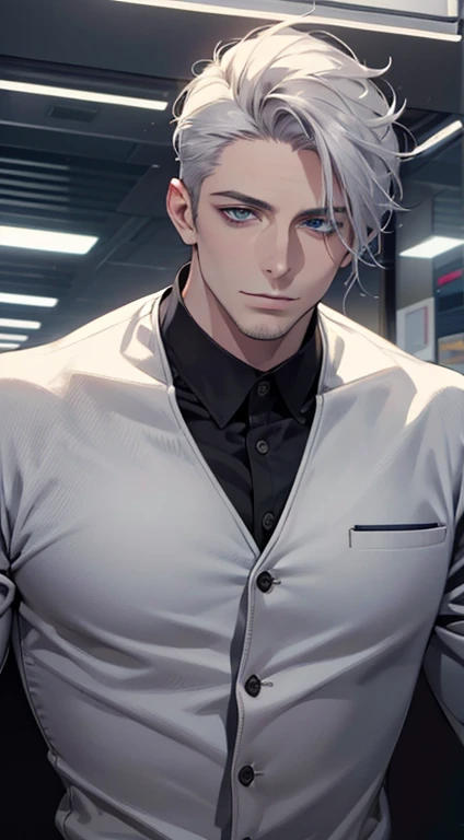 (best quality,4k,8k,highres,masterpiece:1.2),ultra-detailed,(realistic,photorealistic,photo-realistic:1.37),1 man,31 years old,mature man,very handsome,without expression,smile,short grey white hair,blue eyes,penetrating gaze,perfect face without errors,imposing posture,businessman,office background,cinematic lighting,hdr image