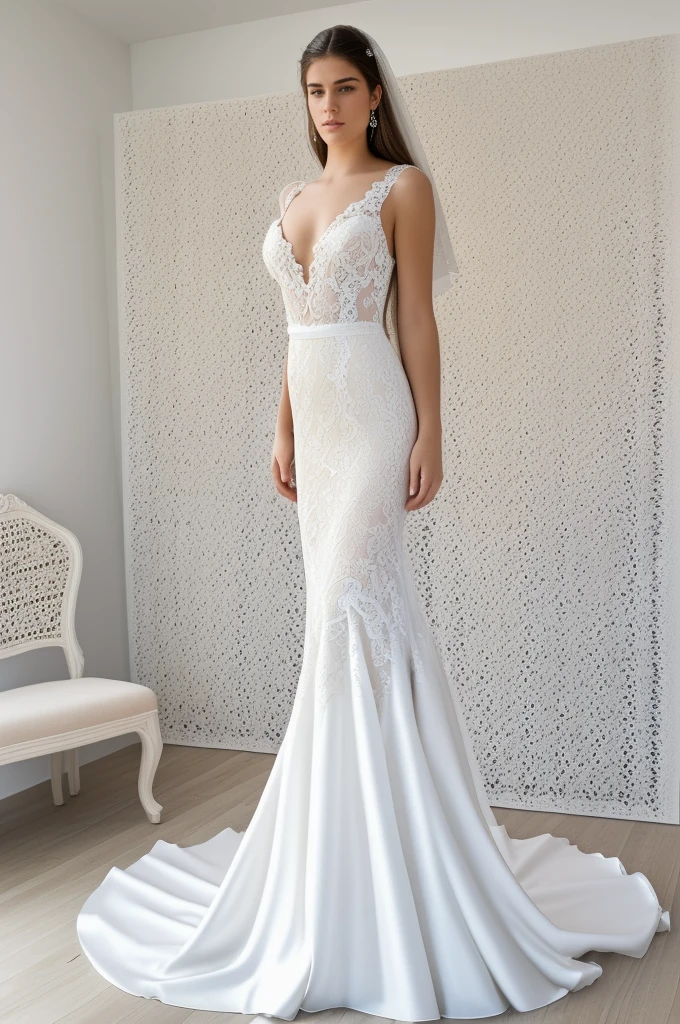 Best quality, 8k, 32k, Masterpiece, Masterpiece, (Photorealistic: 1.4), RAW photo, ultra realistic, 1girl, Fashion model, Wearing a mermaid wedding dress, lace fabric, full length view, pose Stand upright in white room with a minimalist design, featuring white walls and a clean, modern aesthetic.