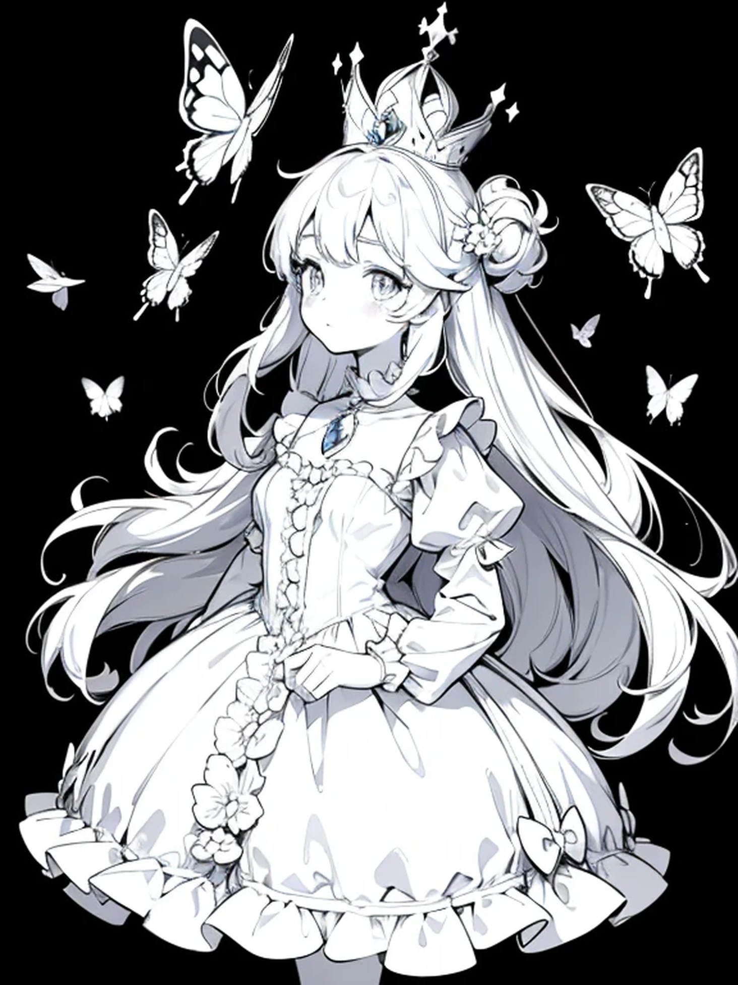 a coloring book page, cute anime girl surrounded with butterflies, wearing a princess dress, princess crown, crystal shoes, marie antoinette dress, black and white, simple and minimal, perfect shapes, only lineart, no gray or shades, complete body, white background