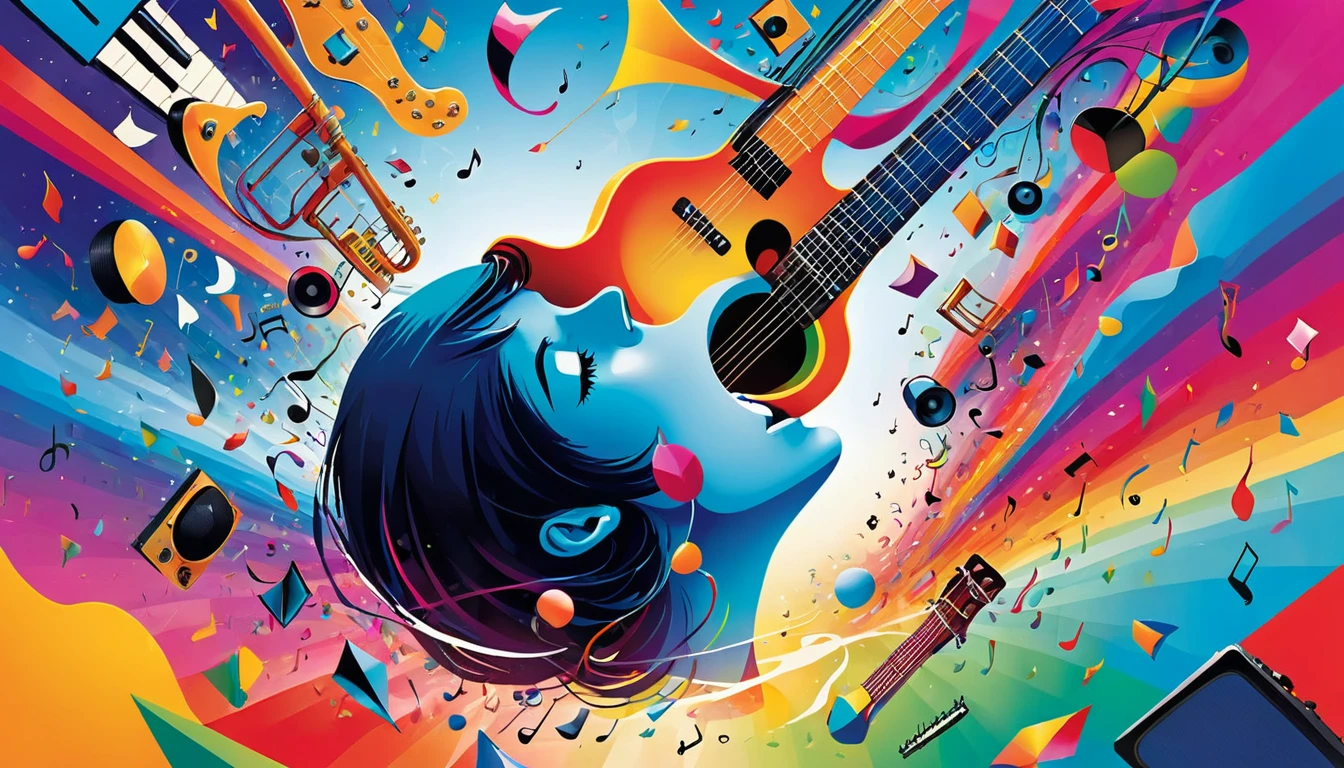 This image depicts an abstract music album cover. To the bottom, The face is blocked, look up to the sky. more than, Guitars and other instruments float in the colorful, Vibrant Background.