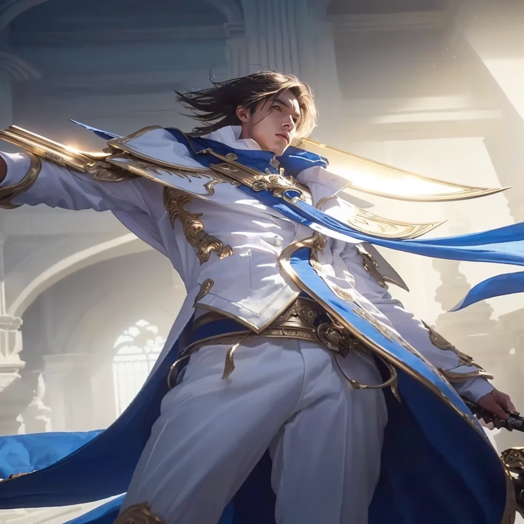 a boy in a white suit and blue cape holding a sword, highly detailed, intricate, cinematic lighting, dramatic angles, volumetric lighting, hyperrealistic, cinematic composition, photorealistic, 8k, high quality, digital art, concept art, fantasy art, dramatic pose, chiaroscuro lighting, moody atmosphere, epic fantasy