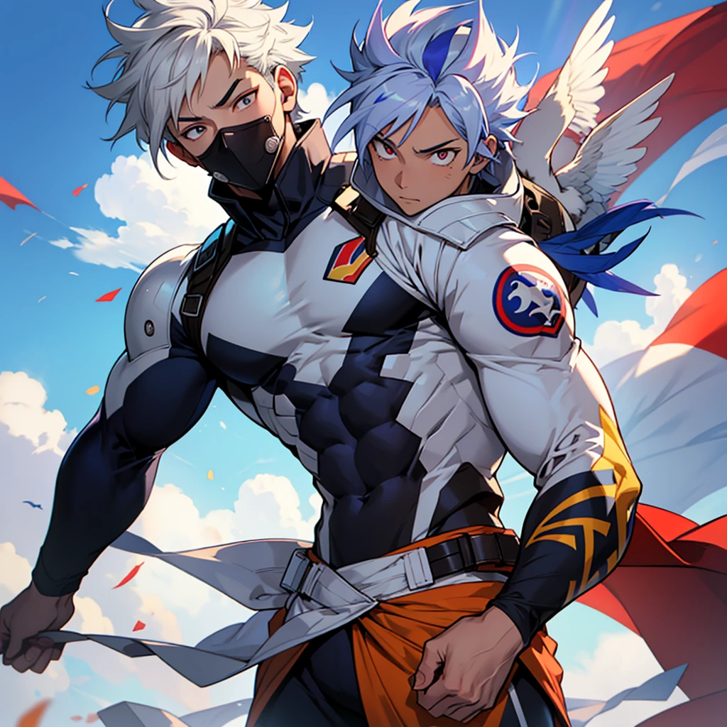 Adult sensei with striking appearance. Bright white hair with a blue streak running through it. Warm, fawn-toned skin. Almond-shaped eyes with a fascinating lilac shade adorned with a star-shaped pupil. On his back there are two enormous brown wings and a condor perches on his shoulder.. He wears a hero suit with the flag of Chile. anime style Boku no Hero academia 