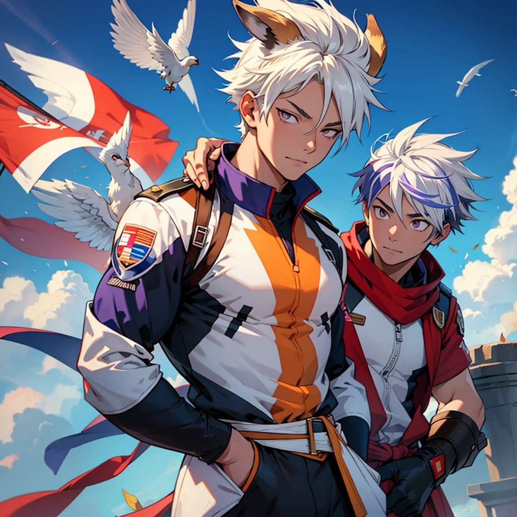 Adult sensei with striking appearance. Bright white hair with a blue streak running through it. Warm, fawn-toned skin. Almond-shaped eyes with a fascinating lilac shade adorned with a star-shaped pupil. On his back there are two enormous brown wings and a condor perches on his shoulder.. He wears a hero suit with the flag of Chile. anime style Boku no Hero academia