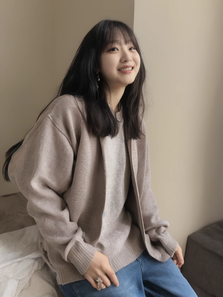 1girl,solo,long hair,looking at viewer,smile,bangs,skirt,brown hair,long sleeves,navel,brown eyes,standing,parted lips,shorts,midriff,nail polish,grin,blurry,sweater,crop top,fingernails,sleeves past wrists,makeup,turtleneck,plant,lipstick,white shorts,realistic,black sweater,cropped sweater 