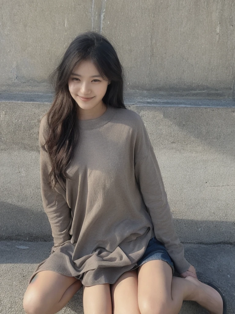 1girl,solo,long hair,looking at viewer,smile,bangs,skirt,brown hair,long sleeves,navel,brown eyes,standing,parted lips,shorts,midriff,nail polish,grin,blurry,sweater,crop top,fingernails,sleeves past wrists,makeup,turtleneck,plant,lipstick,white shorts,realistic,black sweater,cropped sweater 