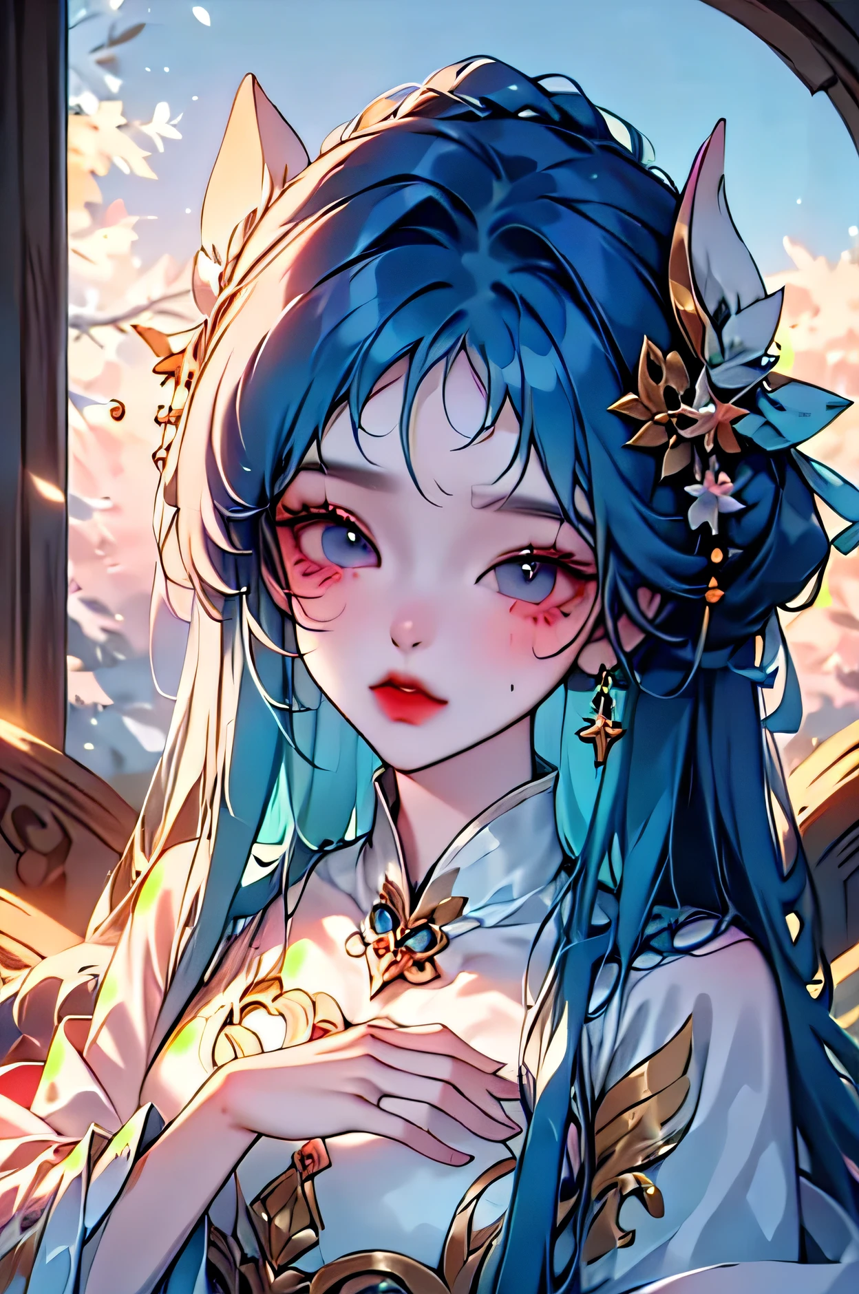 (high quality) (best quality) (a woman) (correct physiognomy) (perfect students) (perfect eyes) anime woman, deep white long and fluffy hair white, Two Ferret ears of color white coming out of his white head adorned with small golden stars As if they were the color of your ears, lips sensitive, red eyes feminine appearance, soft facial features, thin eyebrows, soft skin, rosy cheeks, pink lips, silky eyelashes, dreamy expression, middle age, youthful clothing, print sweatshirt, photo illuminated by sunlight, Woman sitting on Snow.