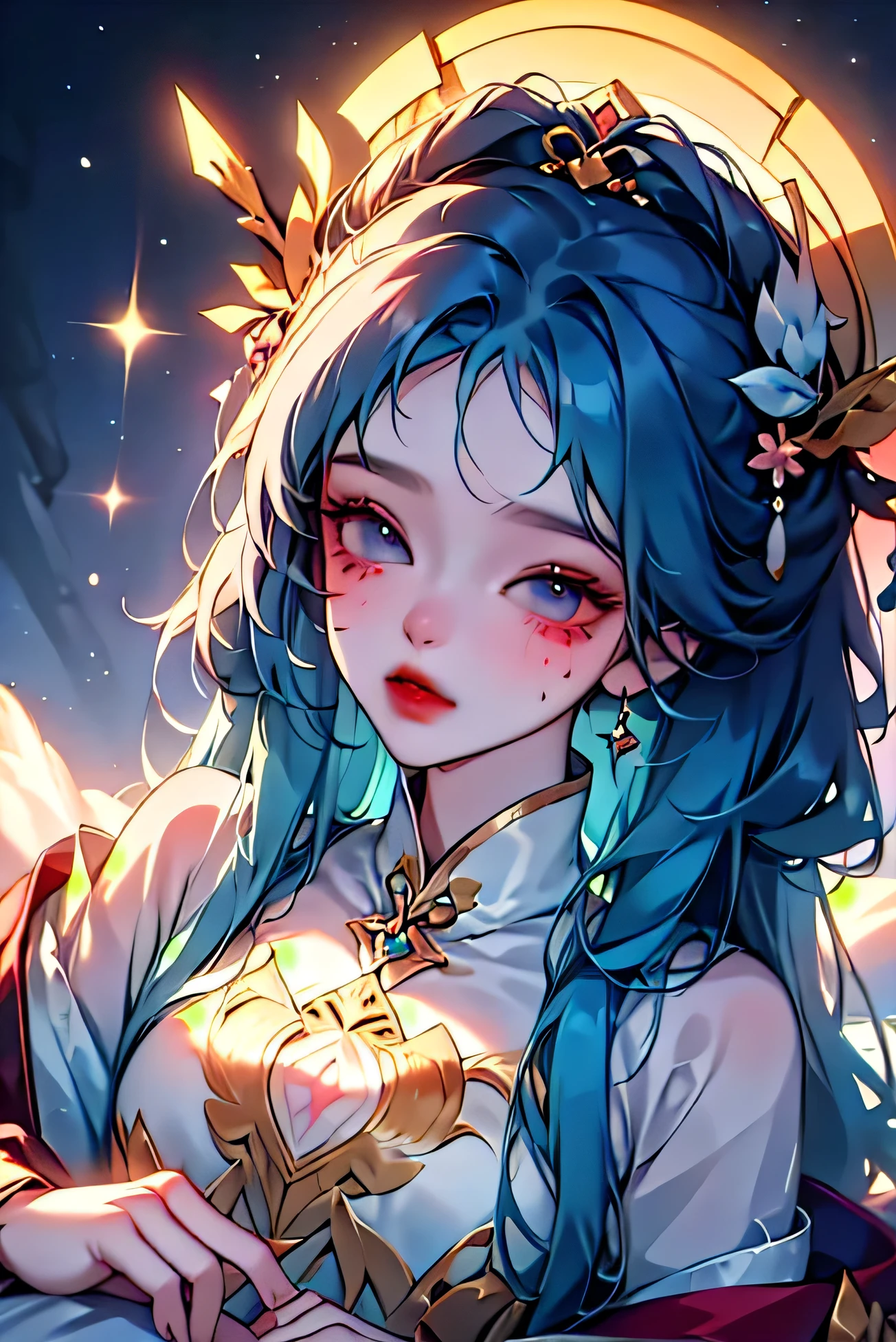 (high quality) (best quality) (a woman) (correct physiognomy) (perfect students) (perfect eyes) anime woman, deep white long and fluffy hair white, Two Ferret ears of color white coming out of his white head adorned with small golden stars As if they were the color of your ears, lips sensitive, red eyes feminine appearance, soft facial features, thin eyebrows, soft skin, rosy cheeks, pink lips, silky eyelashes, dreamy expression, middle age, youthful clothing, print sweatshirt, photo illuminated by sunlight, Woman sitting on Snow.