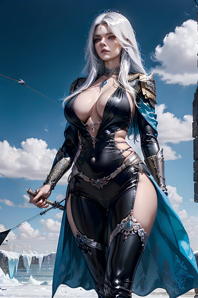 Elara stands at an average height, her slender yet toned frame encased in an ornate black and silver dragon-scale armor that gleams with a faint blue luminescence from the Gem of eternal ice. Her black hair falls in soft waves to shoulder length, typically tied in a high ponytail during journeys, allowing a few loose strands to frame her sculpted face. Her deep green eyes, bright and expressive, stand out against her delicate features and defined jawline, which is partially covered by the high collar of her armor. The armor itself is intricately designed, with dragon scales layered meticulously to provide both flexibility and formidable protection. The chest piece, adorned with runic engravings and the embedded Gema de Gelo Eterno, glows with a soft, icy light, symbolizing her control over the element of ice. Her shoulders and arms are protected by scaled pauldrons and vambraces, each piece etched with patterns reminiscent of dragon wings and fire motifs, now tinged with frost. Her legs are guarded by similarly crafted greaves, allowing for agile movement while offering robust defense. The boots are reinforced with metal tips and dragon scales, providing both durability and traction. At her back, a dark cloak with silver accents flows gracefully, adding to her regal and imposing presence. Elara’s hands grip a bow that has been reforged with the essence of Nargoth, its once plain wood now replaced with blackened steel and icy blue accents, mirroring her armor. The bowstring itself seems to shimmer with a mystical energy, capable of launching arrows imbued with both fire and ice. Overall, Elara’s appearance exudes a blend of fierce warrior strength and ethereal, almost otherworldly beauty, perfectly reflecting her evolution as a formidable archer and ice-wielder.
