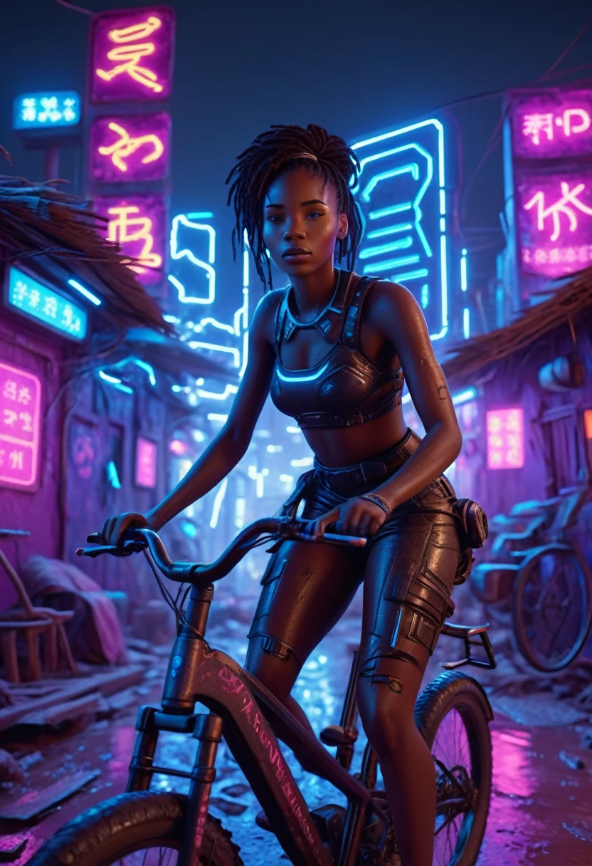 African woman riding a sci-fi bicycle in a futuristic cyberpunk African village, night time with neon lit buildings and futuristic clay huts creating a cinematic lighting, 32k, ultra HD, unreal engine rendered, highly detailed images 