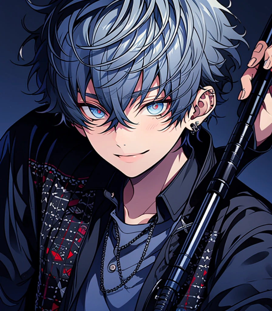 ((Highest quality)), ((masterpiece)), ((detailed)), Beautiful youth, Blue Hair, short hair, blue eyes, Cool eyes, Long-term , Biceps,Black clothes,smile,Upper Body,No text