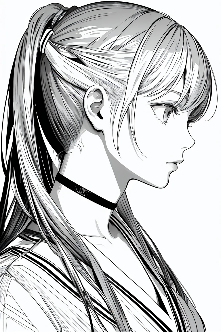 masterpiece, Acura, One girl, alone, short, Profile close-up, , tie, White Background, Monochrome, Line art, Long Hair, Completely naked