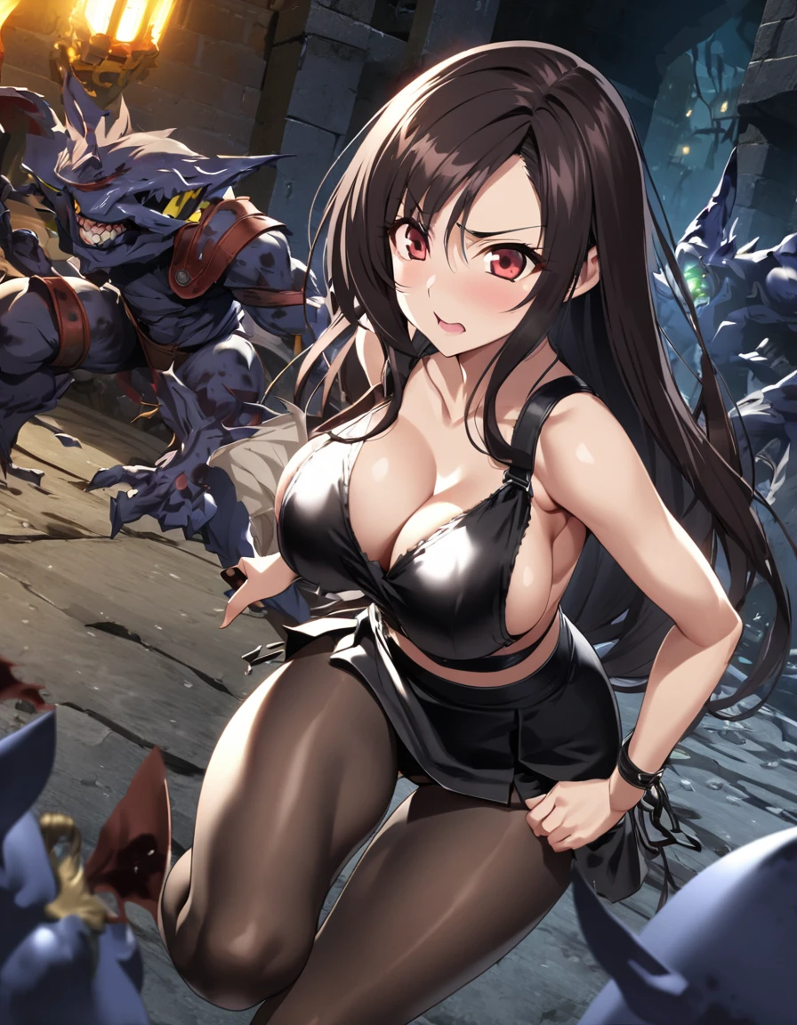 Final Fantasy 7 Tifa Lockhart　　Indoor at night　sexy　Wearing black pantyhose　Wearing a mini skirt、Wearing black clothing、Big Breasts、Stylish、Attack causes clothes to tear、Attacked by Goblins、Thin legs、Black long hair、bare hands