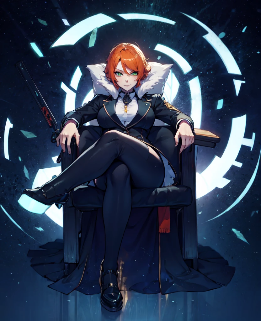 sexy, white skin, anime woman, happy, glowing green eyes, extremely short glowing orange hair, wearing a suit, big
