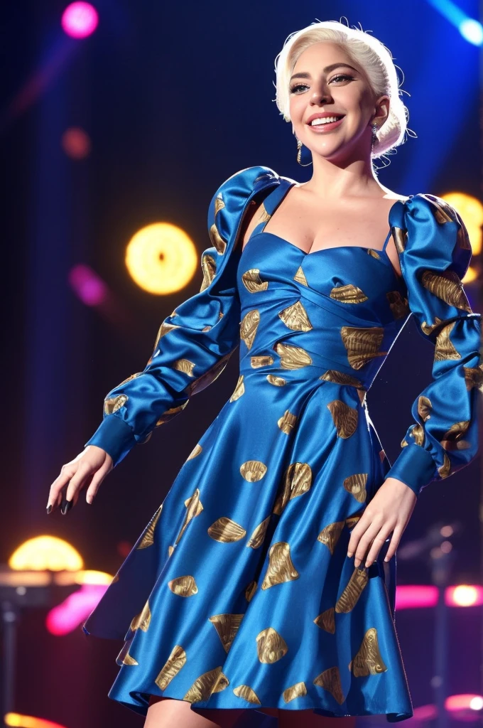 lady gaga smiling, wearing CadetBlue patterned dress, stage, smiling, lights
