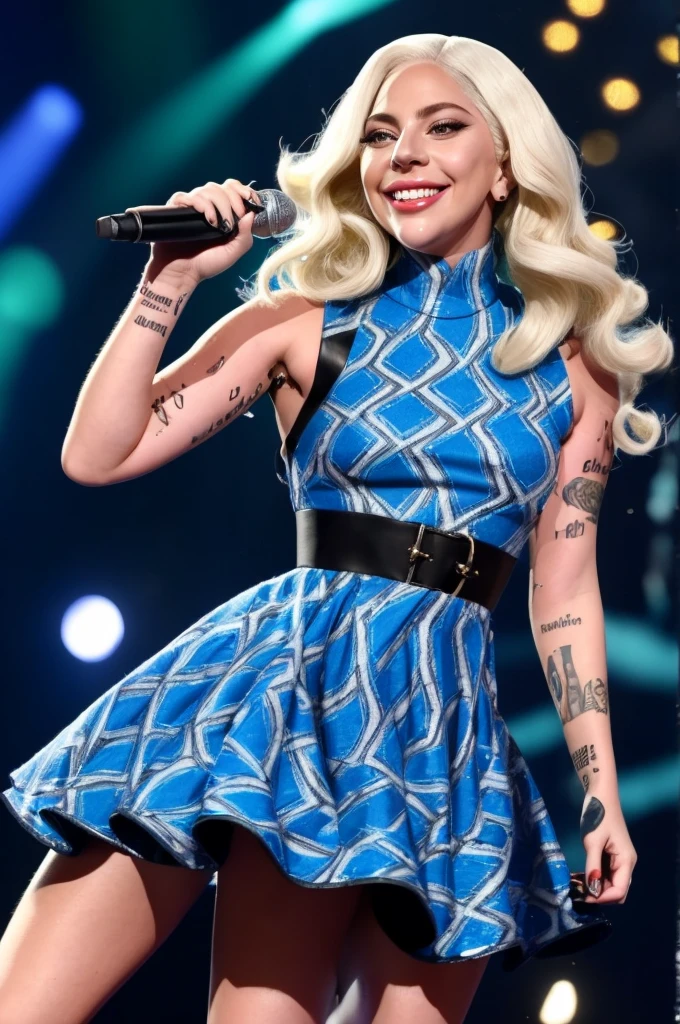 lady gaga smiling, wearing CadetBlue patterned dress, stage, smiling, lights