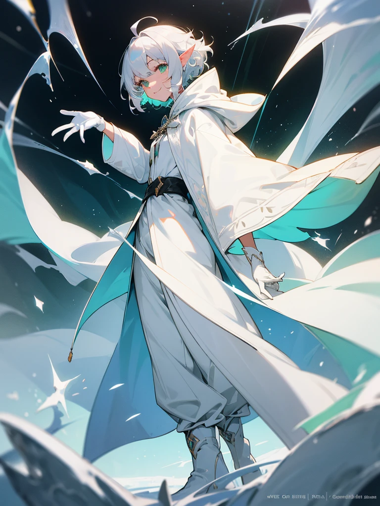 Elf, silver hair,short hair, medium cut, ahoge, curly hair,green eyes,slender, fair skin, cool Smile, robe,  cloak, White gloves, long boots, pants, ice loads magic effect, 