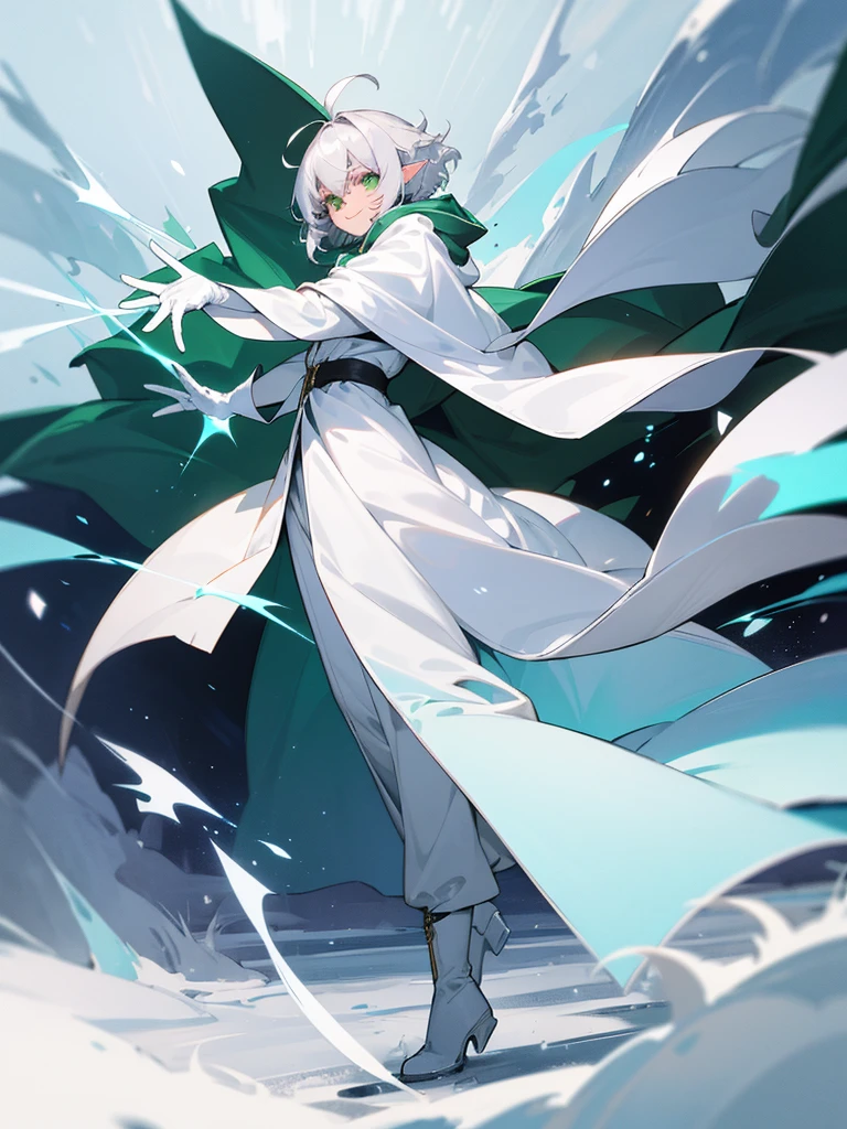 Elf, silver hair,short hair, medium cut, ahoge, curly hair,green eyes,slender, fair skin, cool Smile, robe, cloak, White gloves, long boots, pants, ice loads magic effect,
