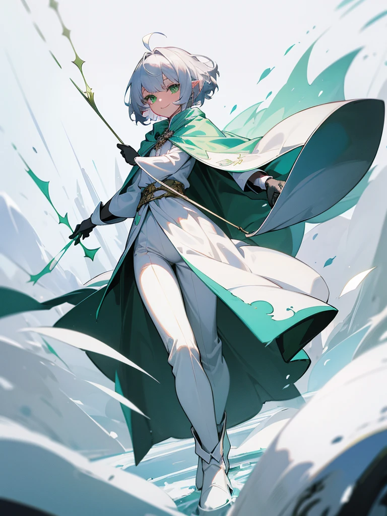 Elf, silver hair,short hair, medium cut, ahoge, curly hair,green eyes,slender, fair skin, cool Smile, robe, cloak, White gloves, long boots, pants, ice loads magic effect,