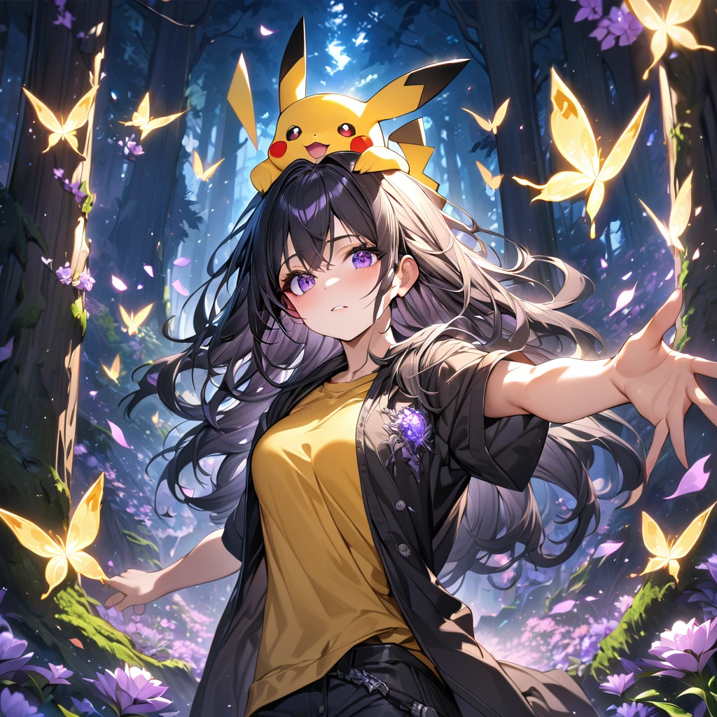 Girl with yellow tshirt with outer black,pikachu on head, forest, absurdres, highres, ultra detailed, HDR, master piece, best quality, black hair, expressive purple eyes, black clothes, magical, fantasy, shining, purple flowers, blossoms, yellow erflies