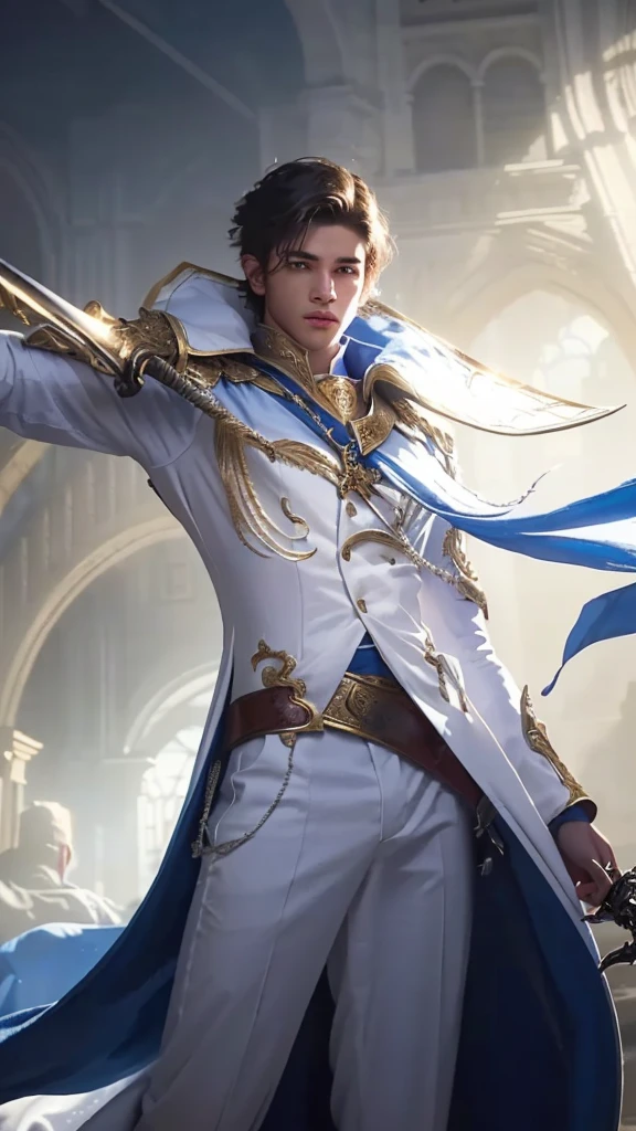a boy in a white suit and blue cape holding a sword, highly detailed, intricate, cinematic lighting, dramatic angles, volumetric lighting, hyperrealistic, cinematic composition, photorealistic, 8k, high quality, digital art, concept art, fantasy art, dramatic pose, chiaroscuro lighting, moody atmosphere, epic fantasy