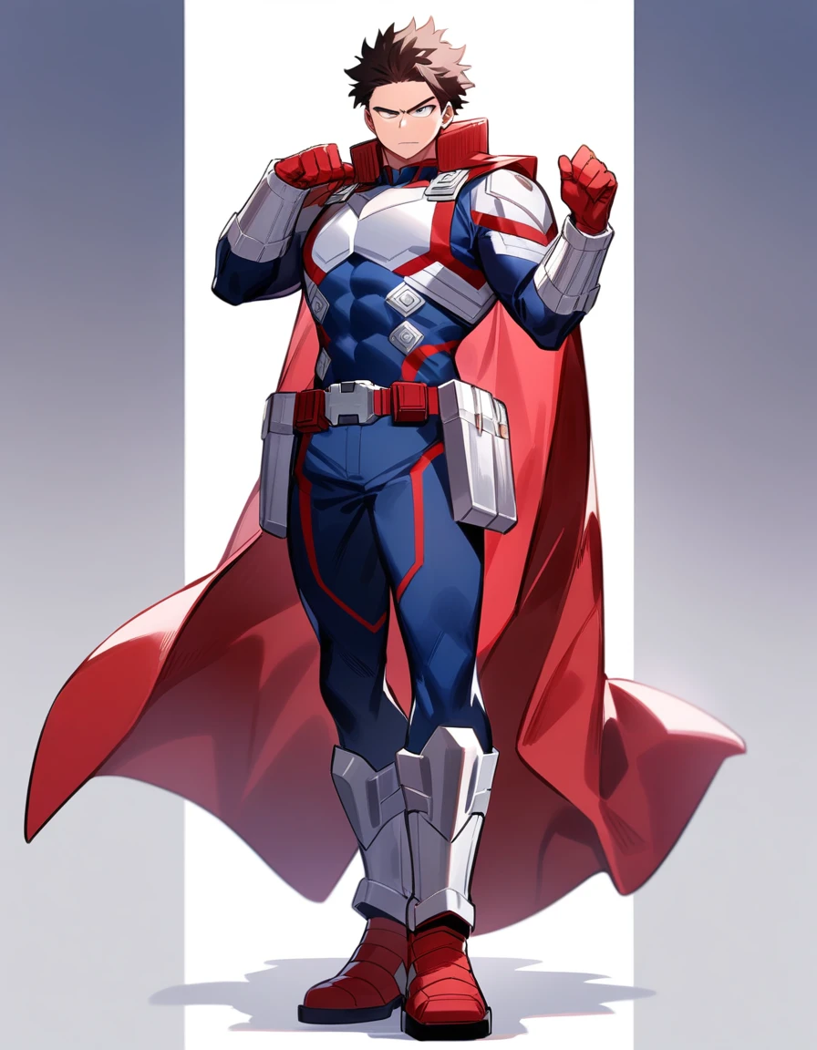 One boy, male focus, brown short hair, boku no hero academia, Izuku Midoriya look alike, masterpiece, best quality, very aesthetic, blue, red, white and silver super hero suit, Dark blue chest armor with a white star on the center of the chest. Red and white accents, Red gloves with silver details and a white star on top, Fitted Dark blue pants with red and white accents and a utility belt, Durable Dark red boots with silver details, Red cape with white edges, short and flowing, captain america like suit, proportionally anatomical, full body illustration, The posture should be upright and confident, with a serious facial expression.